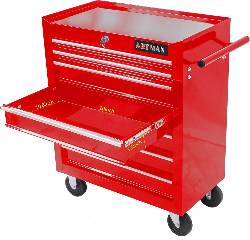 7-Drawers Multifunctional Tool Boxes on Wheels, Lockable 4' Casters Tool Cart Cabinet, Powder-coated Steel Rolling Tool Chest with Key for Garage, Warehouse, Repair Shop, 231LBS Capacity - Red