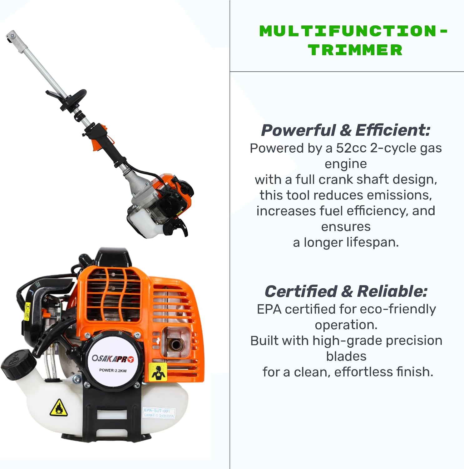 52cc 2-Cycle Gas Multi-Trimmer | 4-in-1 String Trimmer w/Rotatable Pole Saw, Weed Eater Weed Wacker, Brush Cutter & Hedge Trimmer Gas for Lawn, Yard, Garden Care, All-in-one Garden Tool