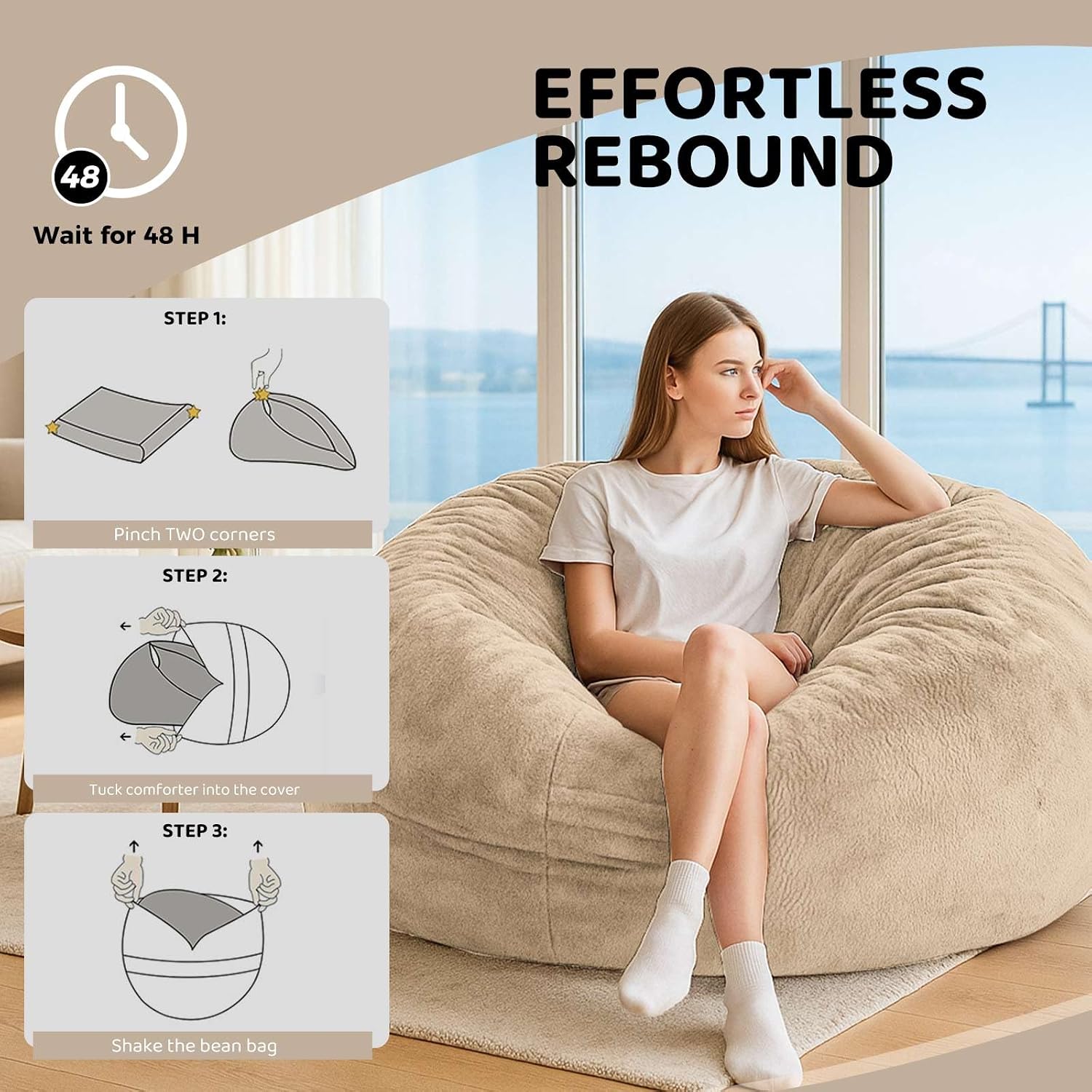 Adult Bean Bag Chair Bed, Bean Bag Sofa with Filling, Memory Foam, Comfortable Floor Sofa Bed, Boneless Floor Chair, Suitable for Living Room Bedroom Dormitory Balcony Lounge (Apricot, Chair Bed)