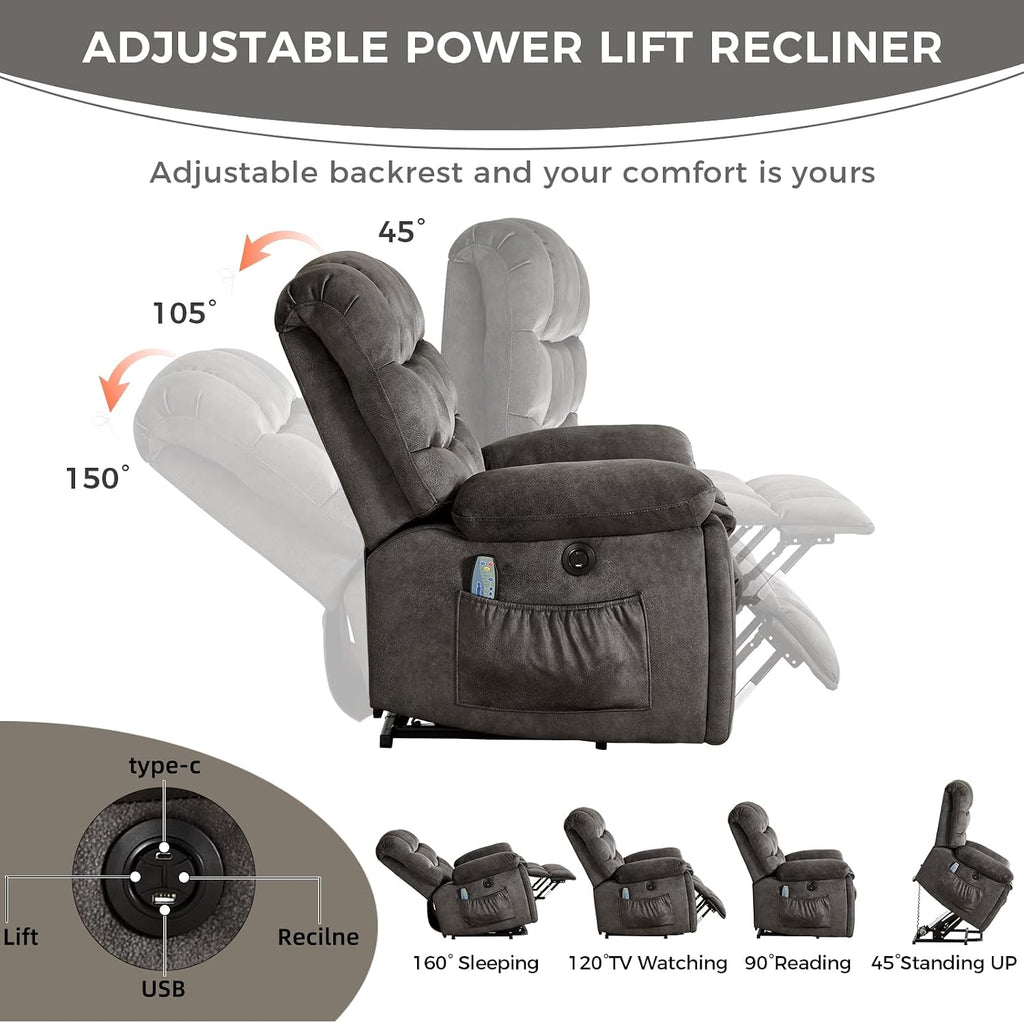 IOMOR Power Lift Recliner Chair for Elderly with Vibration Massage and Lumbar Heating, Overstuffed Electric Lift Chair with 2 Side Pockets and Cup Holders, USB & Type-C for Living Room, Dark Gray