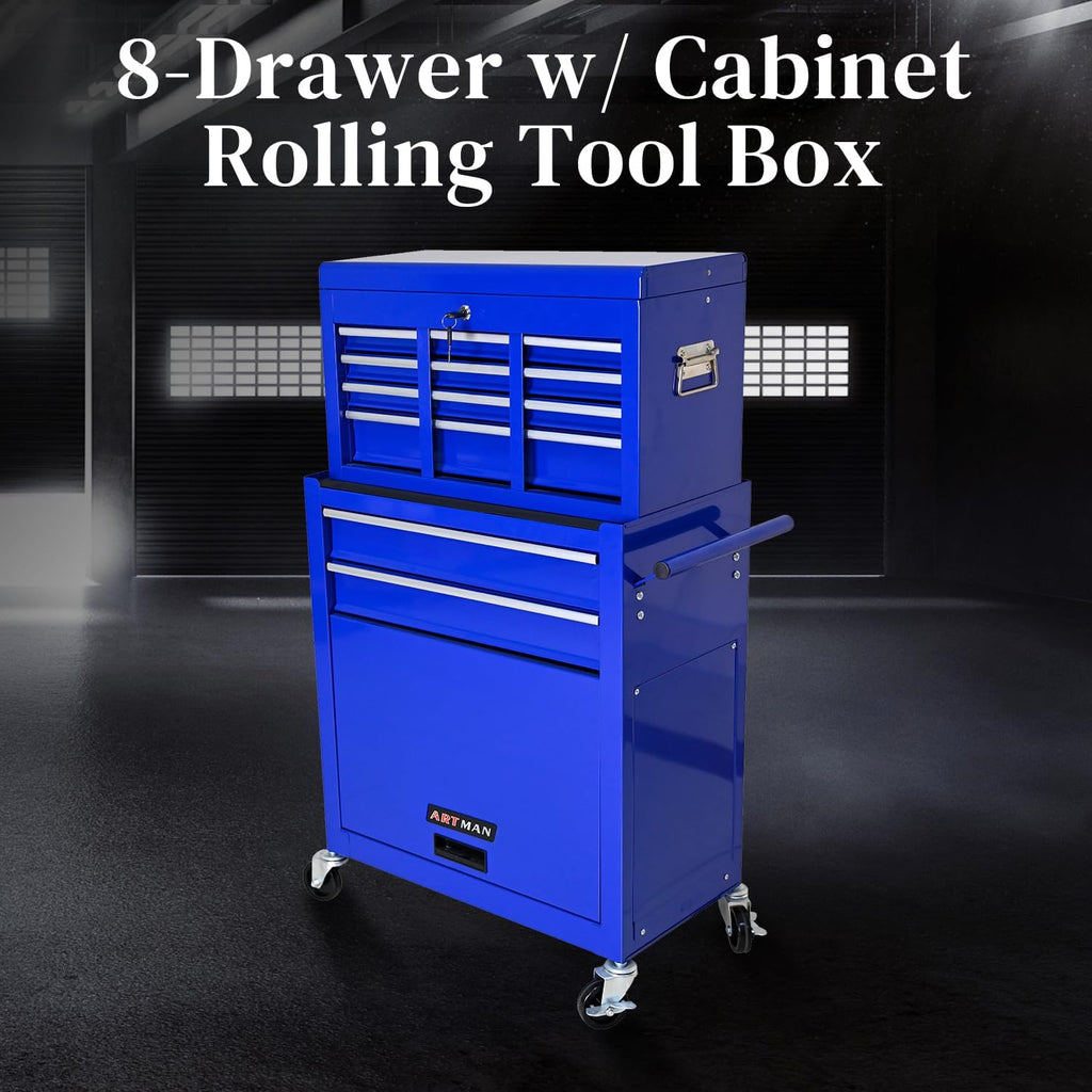 High Capacity Rolling Tool Chest with 8-Drawer Tool Box on Wheels Multifunctional Tool Cart Mechanic Tool Storage Cabinet for Garage, Warehouse, Workshop, Repair Shop (Blue)