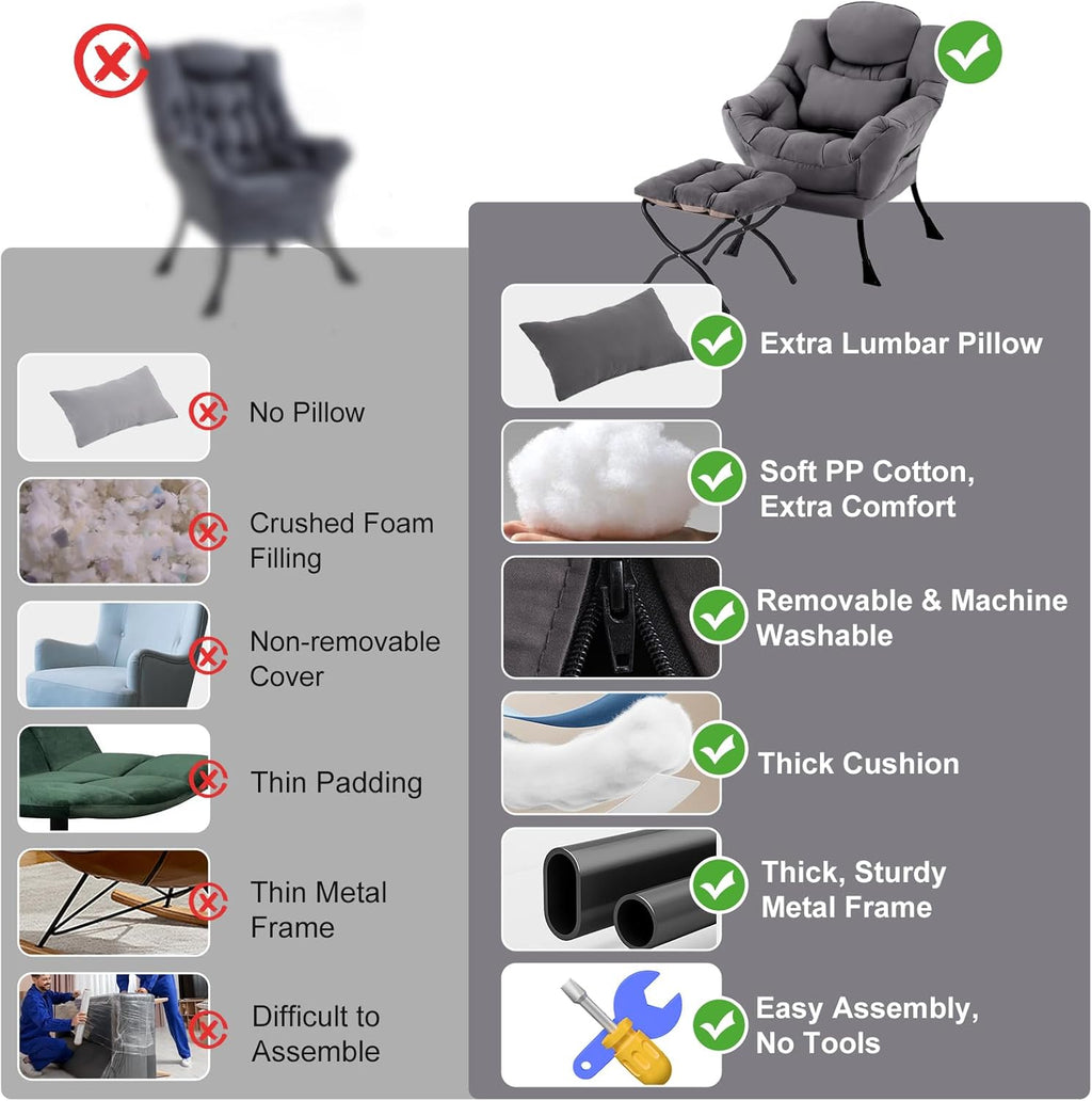 Lazy Chair with Ottoman, Modern Accent Chair with Lumbar Pillow, Dark Grey Sofa, Armchairs with Folding Footrest, Oversized Supportive Chairs for Bedroom, Reading