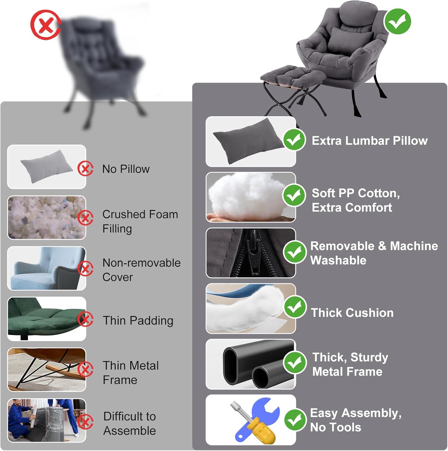 Lazy Chair with Ottoman, Modern Accent Chair with Lumbar Pillow, Dark Grey Sofa, Armchairs with Folding Footrest, Oversized Supportive Chairs for Bedroom, Reading