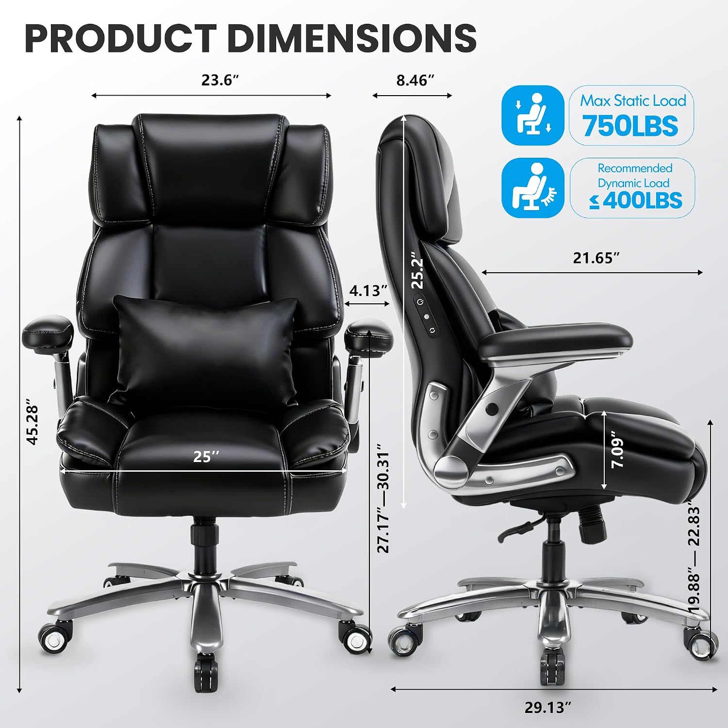 750lbs Heavy Duty Desk Chair with 3D Kneading Massage, Big and Tall Office Chairs with Ergonomic Support, 3D Armrests, 5 Quiet Dual Rubber Wheel, Thick Pocket Spring Cushion(Black, PU)