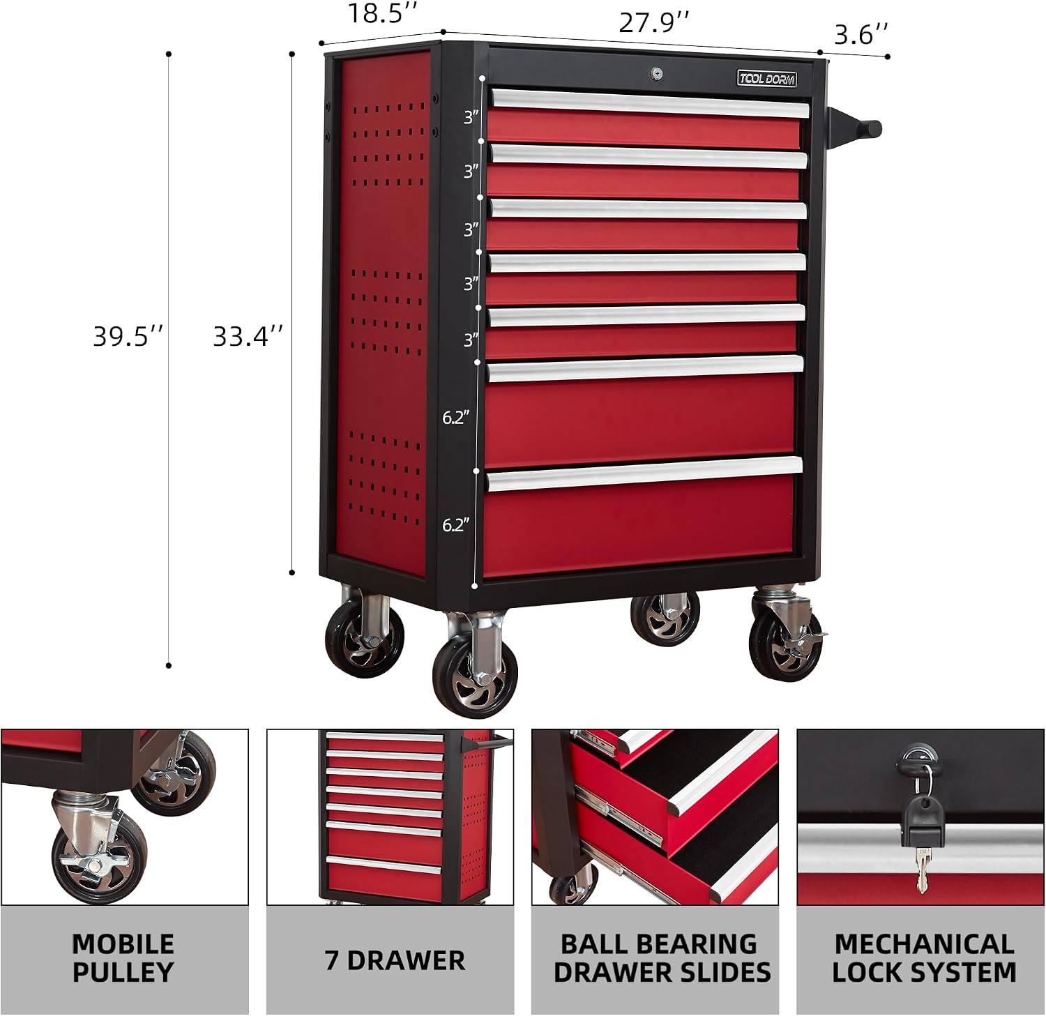 Upgrade 7-Drawer Rolling Tool Chest with Locking Wheels & Drawers, 18.5' D x 27.9' W x 39.5' H Mobile Tool Storage Cabinet, Heavy-Duty Garage Organizer w/Ergonomic Handle