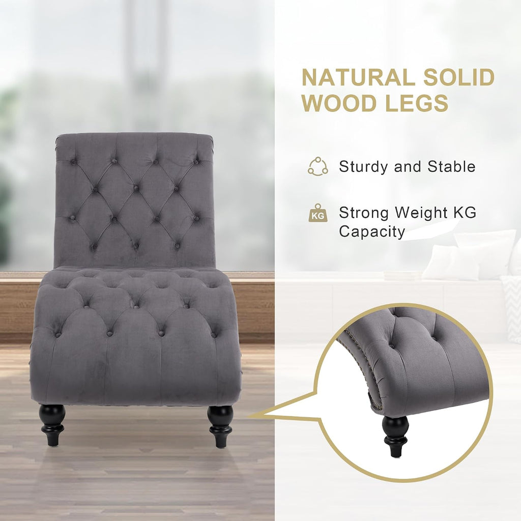 Velvet Chaise Lounge Indoor,Button-Tufted Upholstered Chaise Lounge Chair with Pillow for Bedroom Living Room Office Modern Backrest Leisure Recliner Sleep Sofa,Grey New