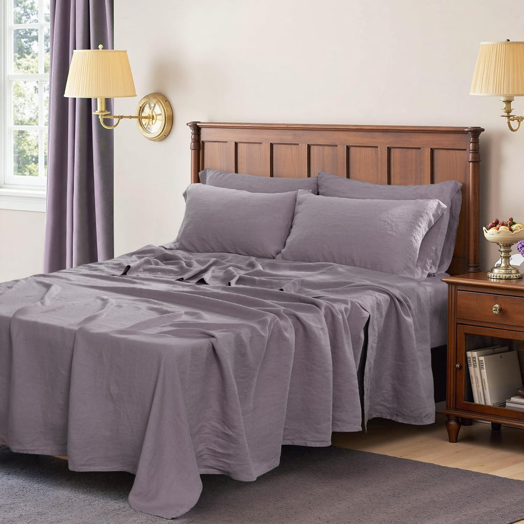 S VICTORY SYMBOL 100% Organic Linen Sheets Set King Size,Washed French Flax Bed Sheets 4 Pieces(2 Pillowcases,1 Fitted Sheet,1 Flat Sheet) 16inch Deep Pockt,Breathable,Dusty Purple