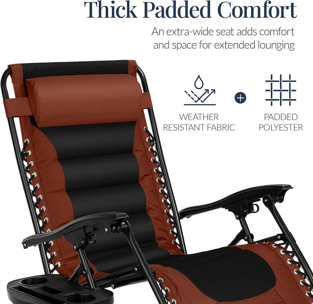 Best Choice Products Oversized Padded Zero Gravity Chair, Folding Outdoor Patio Recliner, XL Anti Gravity Lounger for Backyard w/Headrest, Cup Holder, Side Tray, Polyester Mesh - Rust/Black