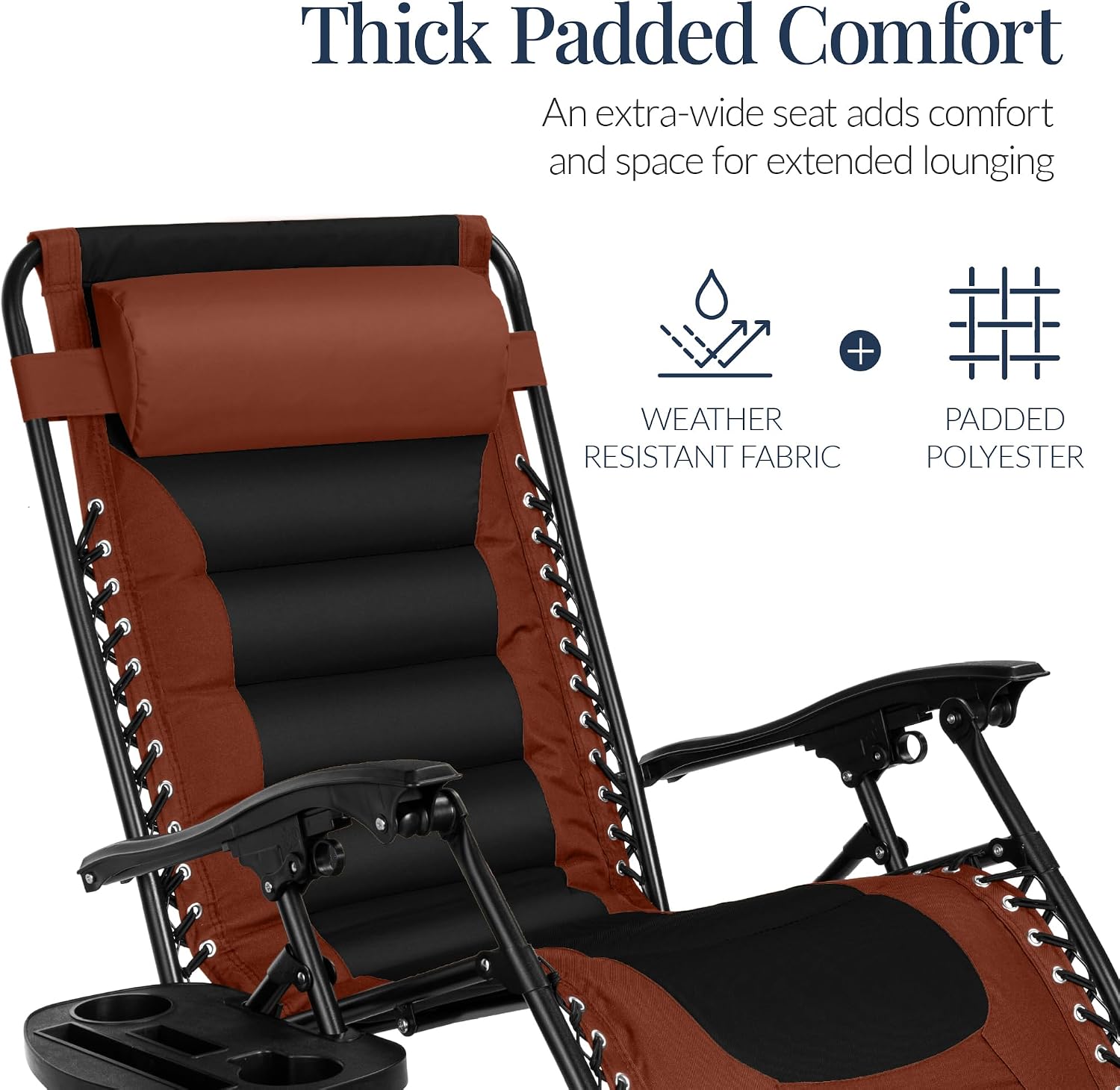 Best Choice Products Oversized Padded Zero Gravity Chair, Folding Outdoor Patio Recliner, XL Anti Gravity Lounger for Backyard w/Headrest, Cup Holder, Side Tray, Polyester Mesh - Rust/Black