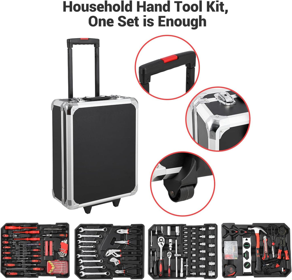 GraveeTech 800pcs Aluminum Trolley Case Tool Set Home Repair Tool Set, General Household Tool Kit w Rolling Tool Box, Toolbox Storage Case w 4 Drawers for Maintenance, Perfect for Homeowner, Handyman
