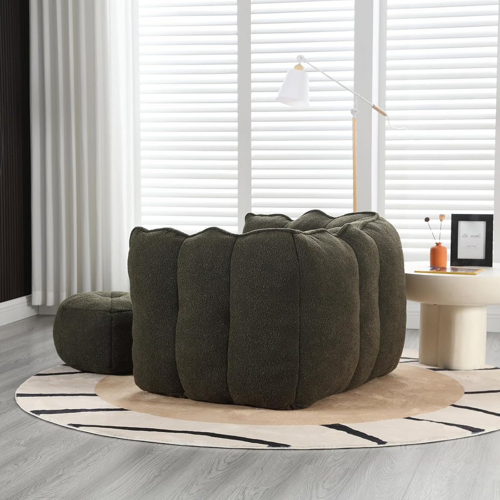 Giant Bean Bag Chair with Ottoman, Oversized Beanbag Chair for Adults, Comfy Floor Sofa Chair with Foam Filler, Pumpkin Lazy Lounger for Living Room, Game Room, Reading Corner, Chenille Olive Green