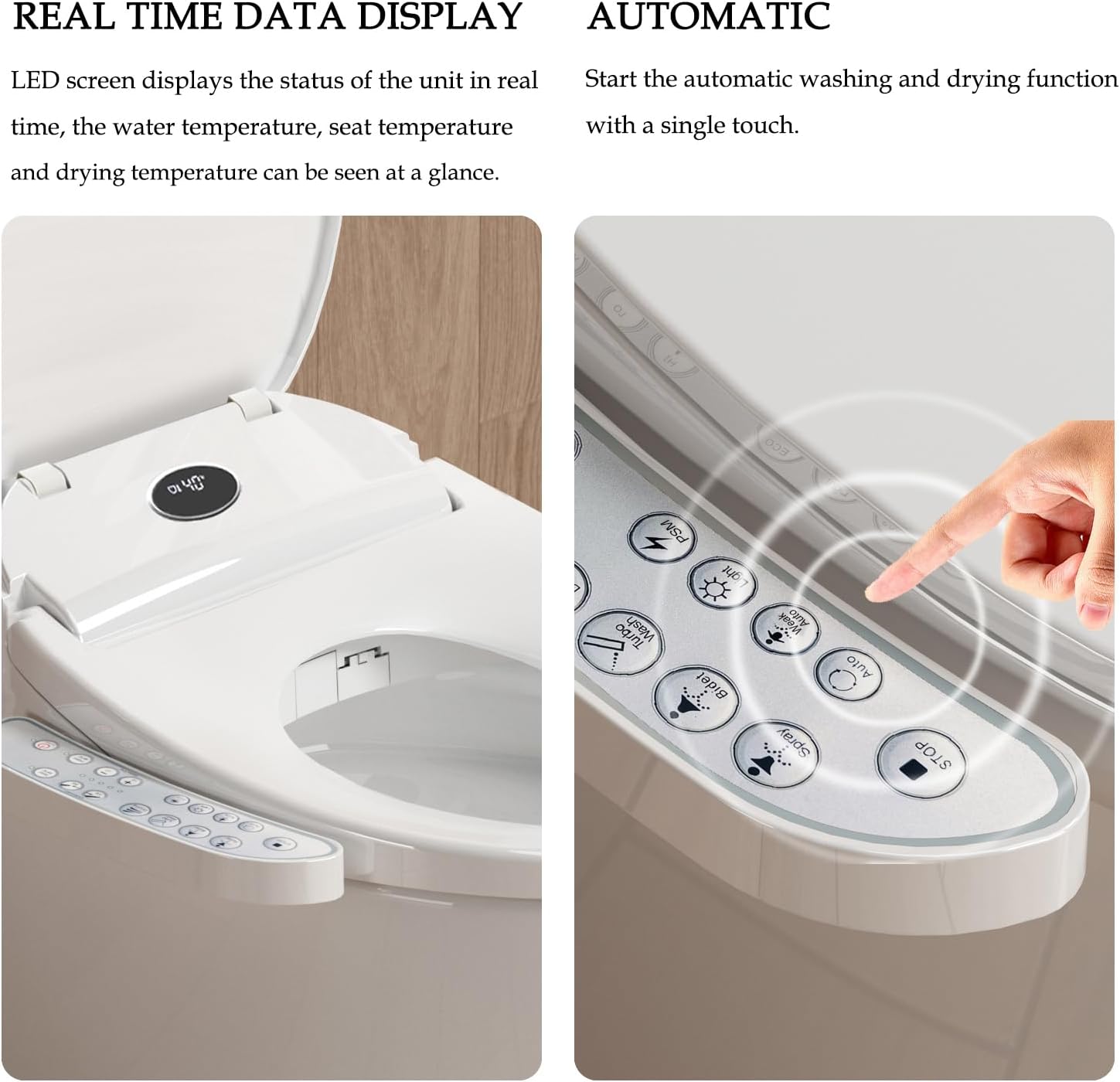 XCQQ Bidet Toilet Seat, Bidet Seat With Warm Water Wash, Heated Seat, Air Dryer, Soft Close Lid, Night Light, Self Cleaning Nozzle, LED Display, Requires Outlet - Round