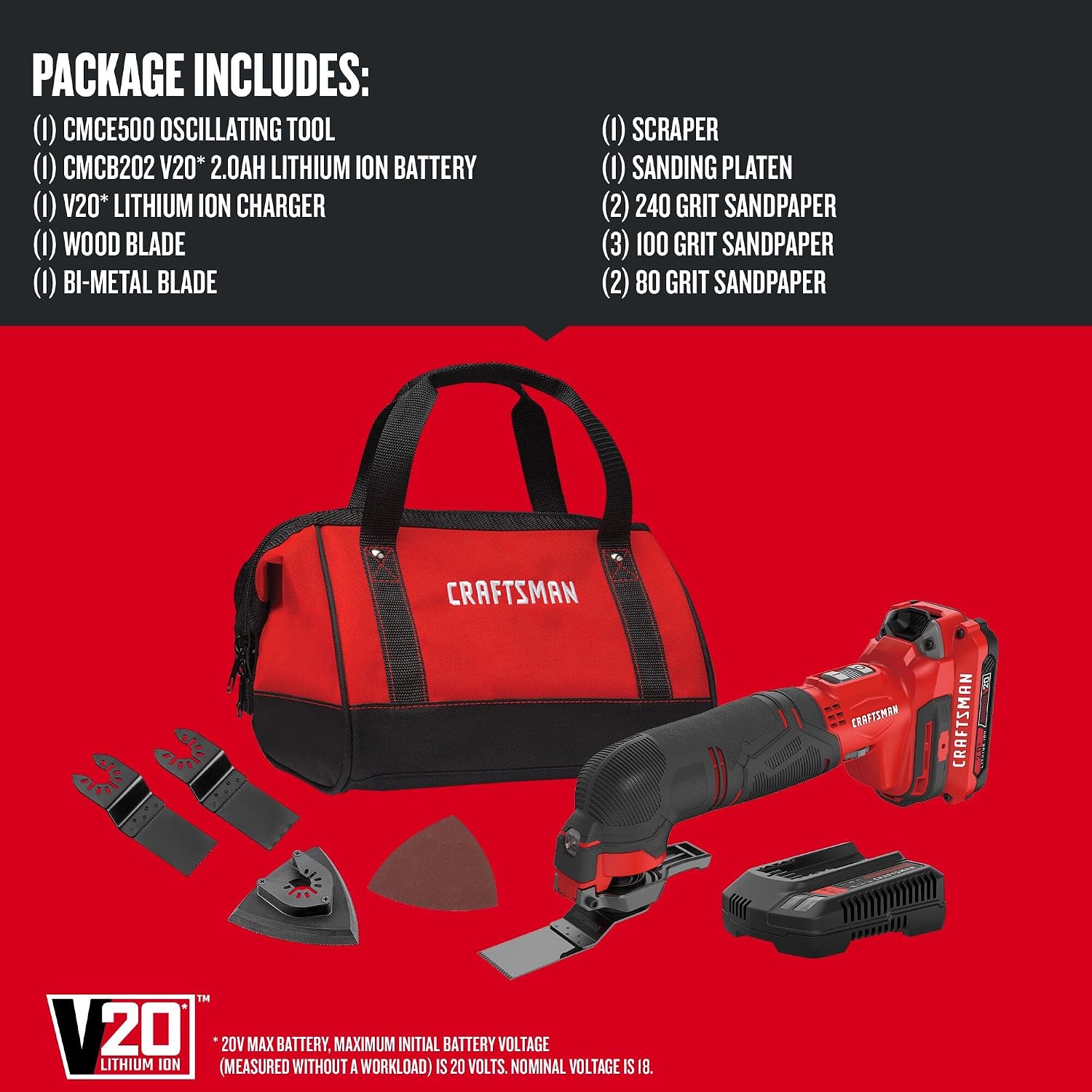 CRAFTSMAN V20 Cordless Multi-Tool, Oscillating Tool Kit, 16 Piece Kit with Blades, Sand Paper, Battery and Charger Included (CMCE500D1)