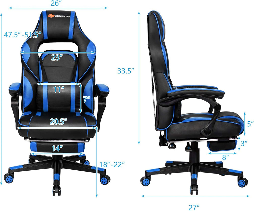 POWERSTONE Gaming Chair Adjustable High Back PU Computer Chair with Footrest Massage Lumbar Support Headrest Thick Armrest Rolling Swivel Desk Chair, Navy Blue