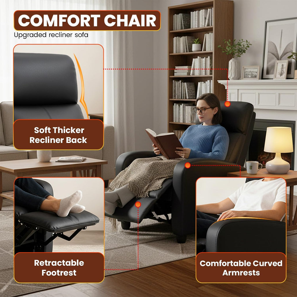 FDW Recliner Chair for Living Room Home Theater Seating Single Reclining Sofa Lounge with Padded Seat Backrest (Black)