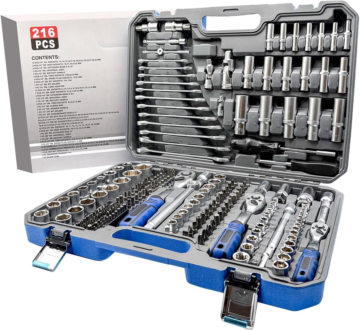 Mechanic Tools For Car - 216pcs Ratchet Socket Wrench Sets, Wrench And Socket Set, 72-Tooth Reversible Ratchet Wrench with Universal Joint And Extension Bars, Mechanics wrench Tool Set for Automotive