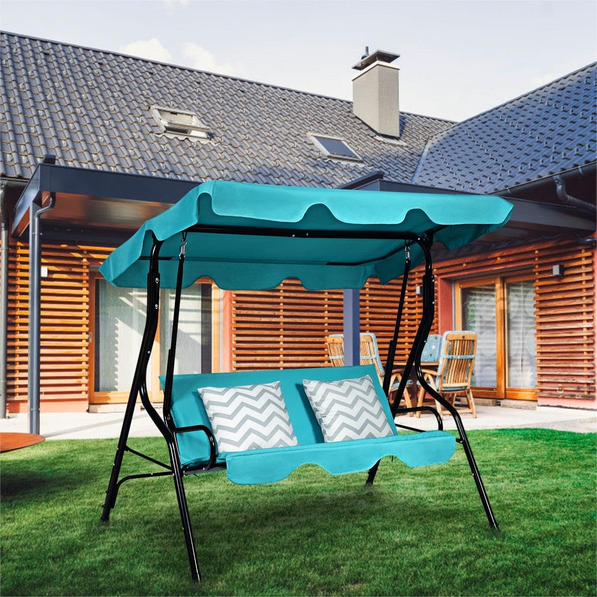 DREAMADE Porch Swing Outdoor, 3 Person Patio Swing w/Removable Cushion, Stand & Adjustable Canopy, Heavy Duty Swing Chair for Patio, Garden, Courtyard, Poolside