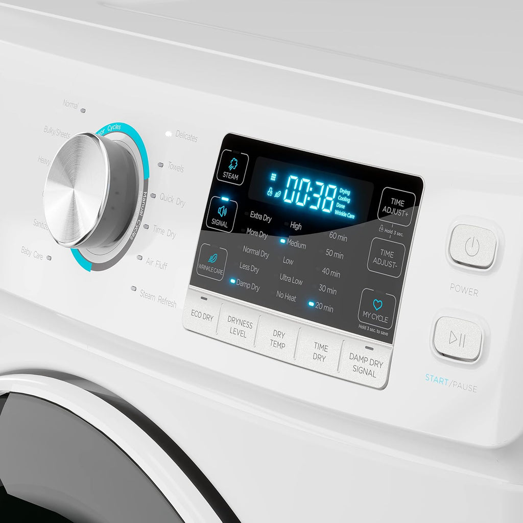 KoolMore 27' Front Load X-Large 8 Cu. Ft. Dryer, Large Capacity Home Unit with Wrinkle Release Steam Function and Smart Sensor Dry Technology, Stainless-Steel Drum [White] [240V] (FLD-8CWH)