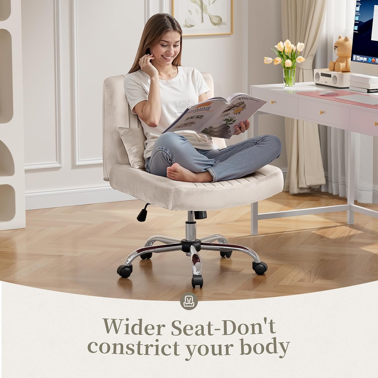 Velvet Office Chair, Luxury Criss Cross Chair with Wheels, Comfy Cross Legged Desk Chair for Home Office, Height Adjustable Vanity Chair, Wide Seat Computer Chair, Gift for Girlfriend, Cozy Beige