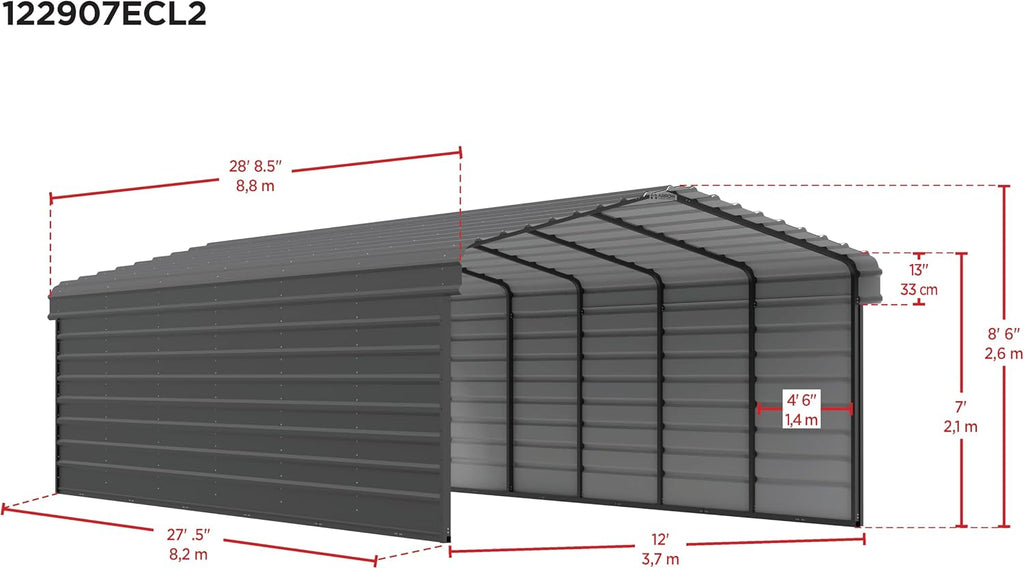 Arrow Carports Galvanized Steel Carport, with 2-Sided Enclosure, Compact Car Metal Carport Kit, 12' x 29' x 7', Charcoal