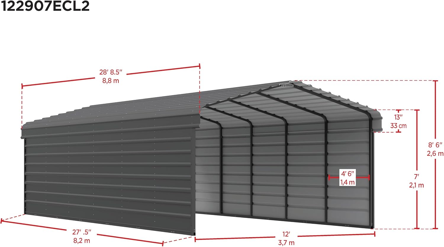 Arrow Carports Galvanized Steel Carport, with 2-Sided Enclosure, Compact Car Metal Carport Kit, 12' x 29' x 7', Eggshell