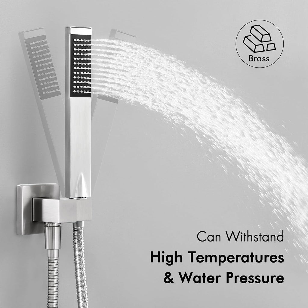 KES Shower System Pressure Balancing Shower Valve with Tub Faucet Spout Set Handheld and 10 Inch Rainfall Shower Head Combo All Metal Brushed Finish, XB6300-BN