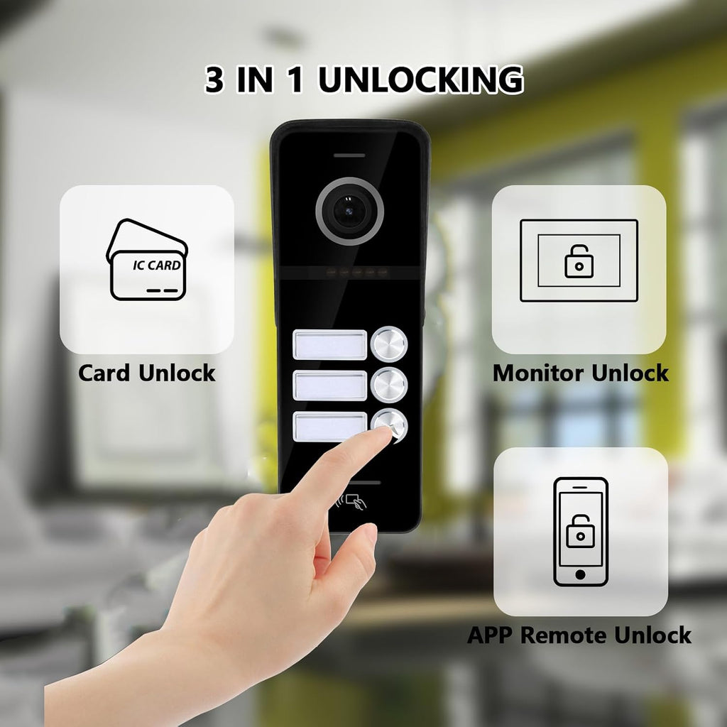 Wired Video Doorbell Intercom System 3 Unit 7 Inch Monitor Door Phone Kit 1080P Camera Night Vision,Support Remote Unlock Door Release,Snapshot for Home Vally Apartment (1 doorbell(b)+3 minitor(b))