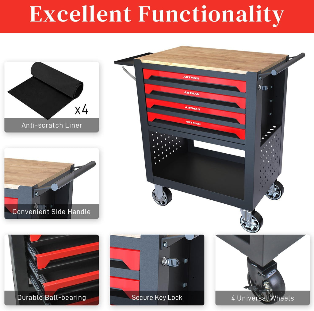 Rolling Tool Cart with 4-Drawer Wood Top Utility Tool Chest on Wheels Mechanic Tool Storage Organizer Cabinet for Garage, Warehouse, Workshop, Repair Shop (Red)
