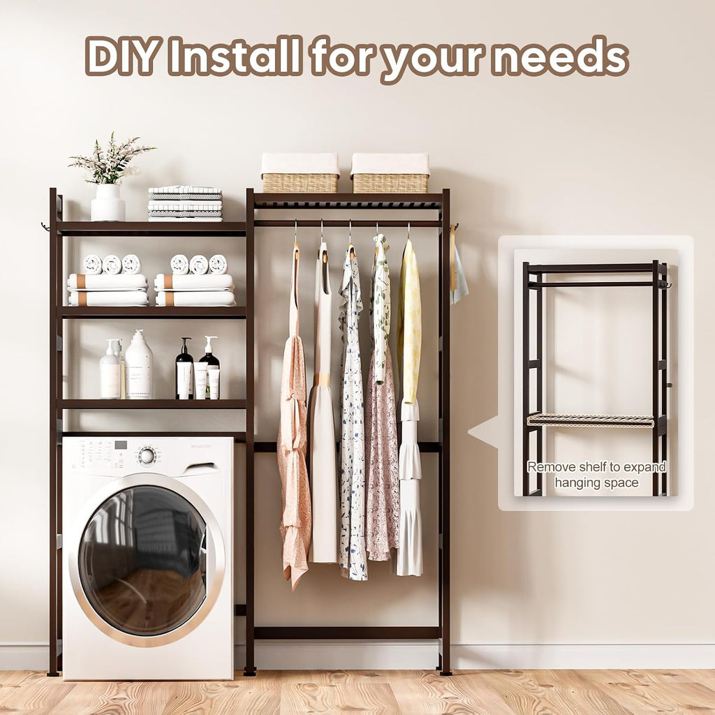 Cozivolife Over The Washer and Dryer Storage Shelf Bamboo,5 Tiers Laundry Room Drying Rack with Adjustable Shelves and 4 Hooks,Space Saver Organizer for Hanging Clothes and Towels (Brown)