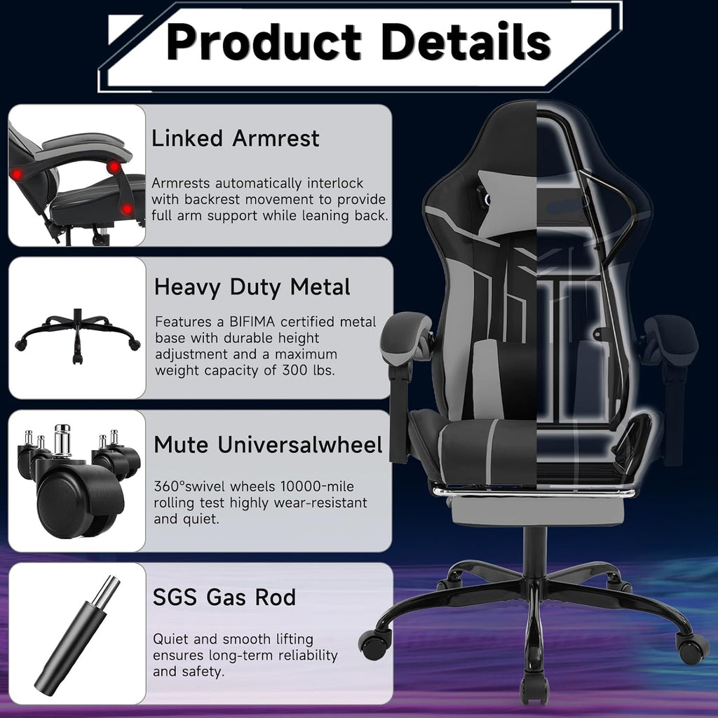 Gaming Chair with Massage and Footrest, Ergonomic High Back PC Racing Chair, 300LBS Capacity with Adjustable Lumbar Support & Headrest for Office and Desk (Model D, Black+Grey)