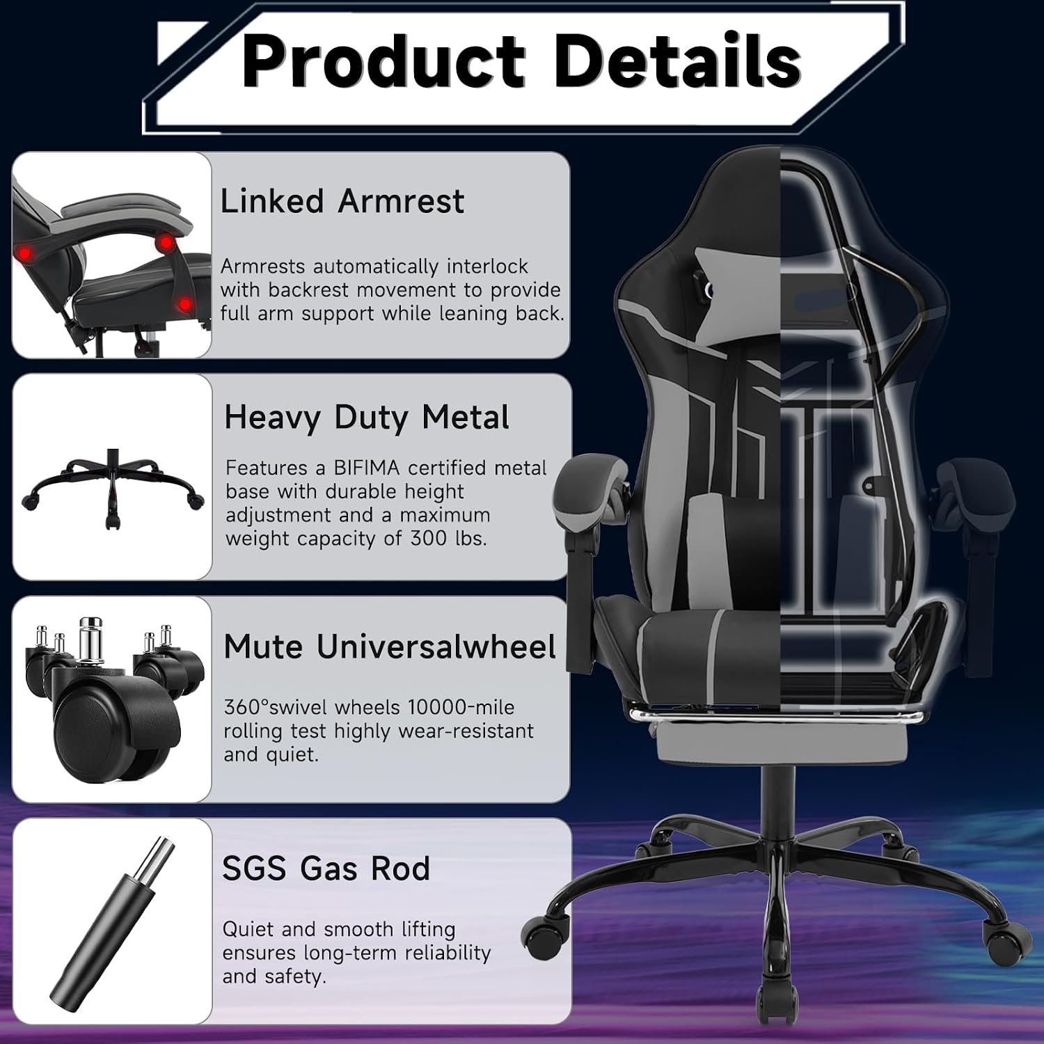 Gaming Chair with Massage and Footrest, Ergonomic High Back PC Racing Chair, 300LBS Capacity with Adjustable Lumbar Support & Headrest for Office and Desk (Model D, Black+Grey)