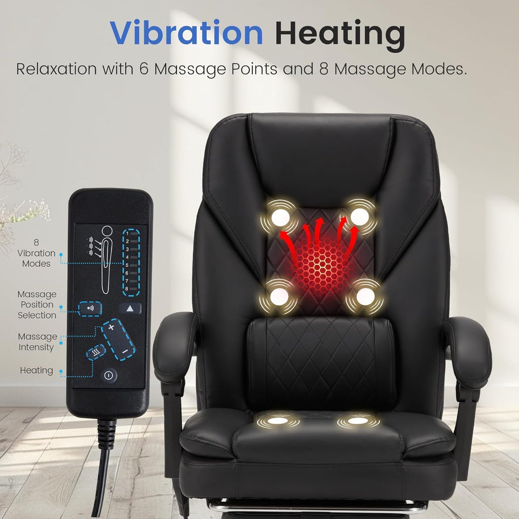 HOMREST 6-Point Massage Office Chair with Heat, 500lbs Big and Tall Executive Chair, Ergonomic Reclining Desk Chair with Footrest & Lumbar Support, Adjustable Armrest, PU Leather (Black)