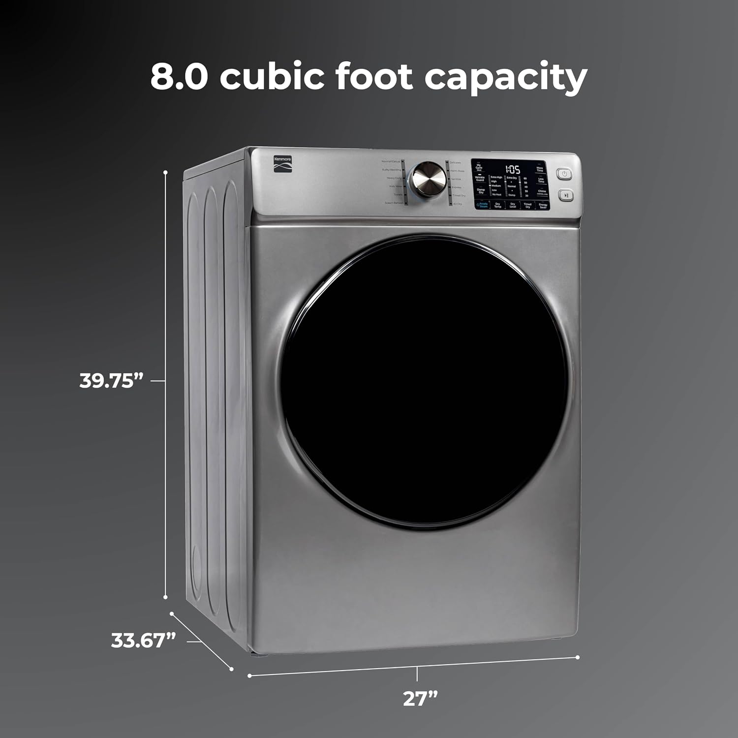 Kenmore 8.0 cu. ft. Front Load Electric Dryer with Wrinkle Guard & Accela Steam to Reduce Wrinkles, Static & Odors - Smart Sensor Drying - LED - ENERGY STAR Certified - Metallic Silver
