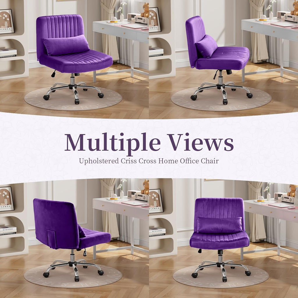 Criss Cross Chair with Wheels, Velvet Cross Legged Office Chair, Comfy Desk Chair for Home Office, Ergonomic Computer Chair, Wide Seat Vanity Chair, Birthday Gift for Women, Velvet Plum Purple
