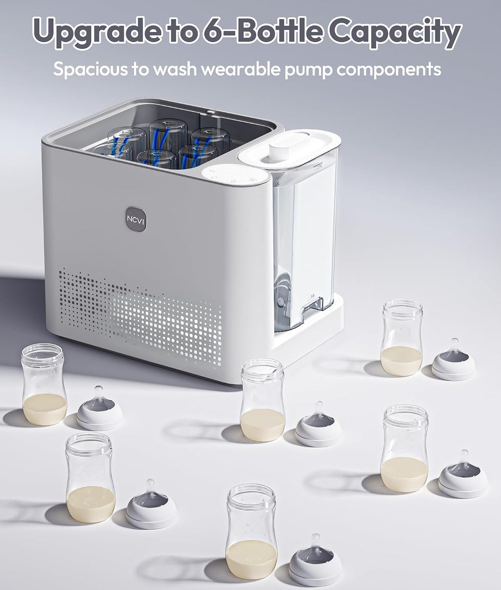 NCVI Large Baby Bottle Washer Sterilizer and Dryer Holds 6 Bottles & Pump Parts, Hospital-Grade Steam Sanitizer for Newborn & Multiple Feedings, Clean Machine for Busy Moms, Fast 19/41min Wash Cycles