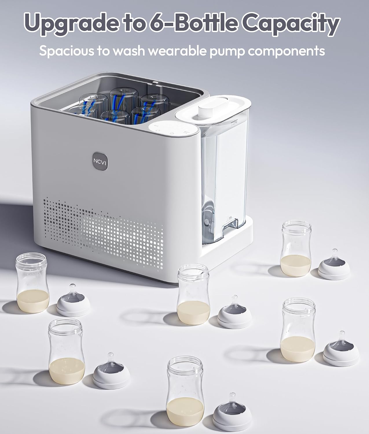 NCVI Large Baby Bottle Washer Sterilizer and Dryer Holds 6 Bottles & Pump Parts, Hospital-Grade Steam Sanitizer for Newborn & Multiple Feedings, Clean Machine for Busy Moms, Fast 19/41min Wash Cycles