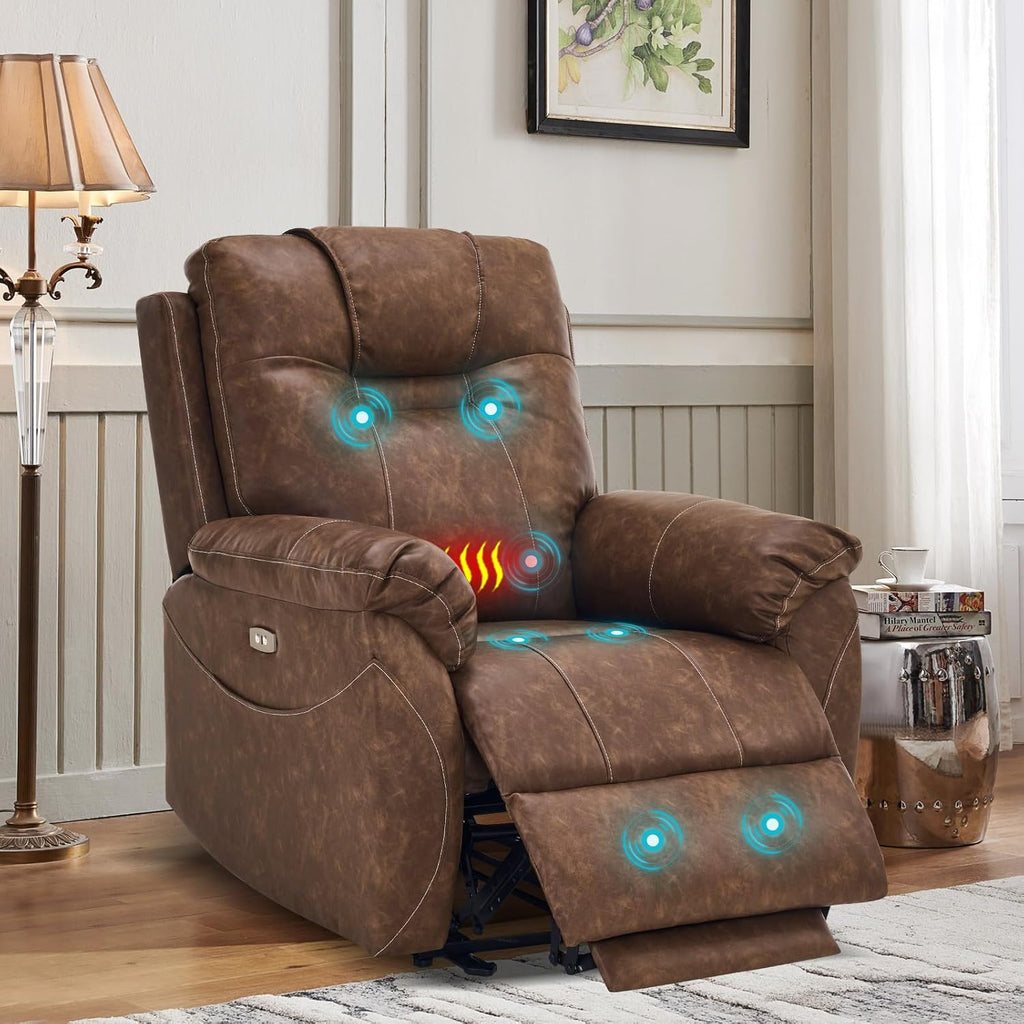 Power Recliner Chair with Extended Footrest, Electric Recliner Chair with Massage and Heat, Power Recliner Chairs for Adult with USB Ports, Side Pockets for Living Room (Dark Brown, PU)