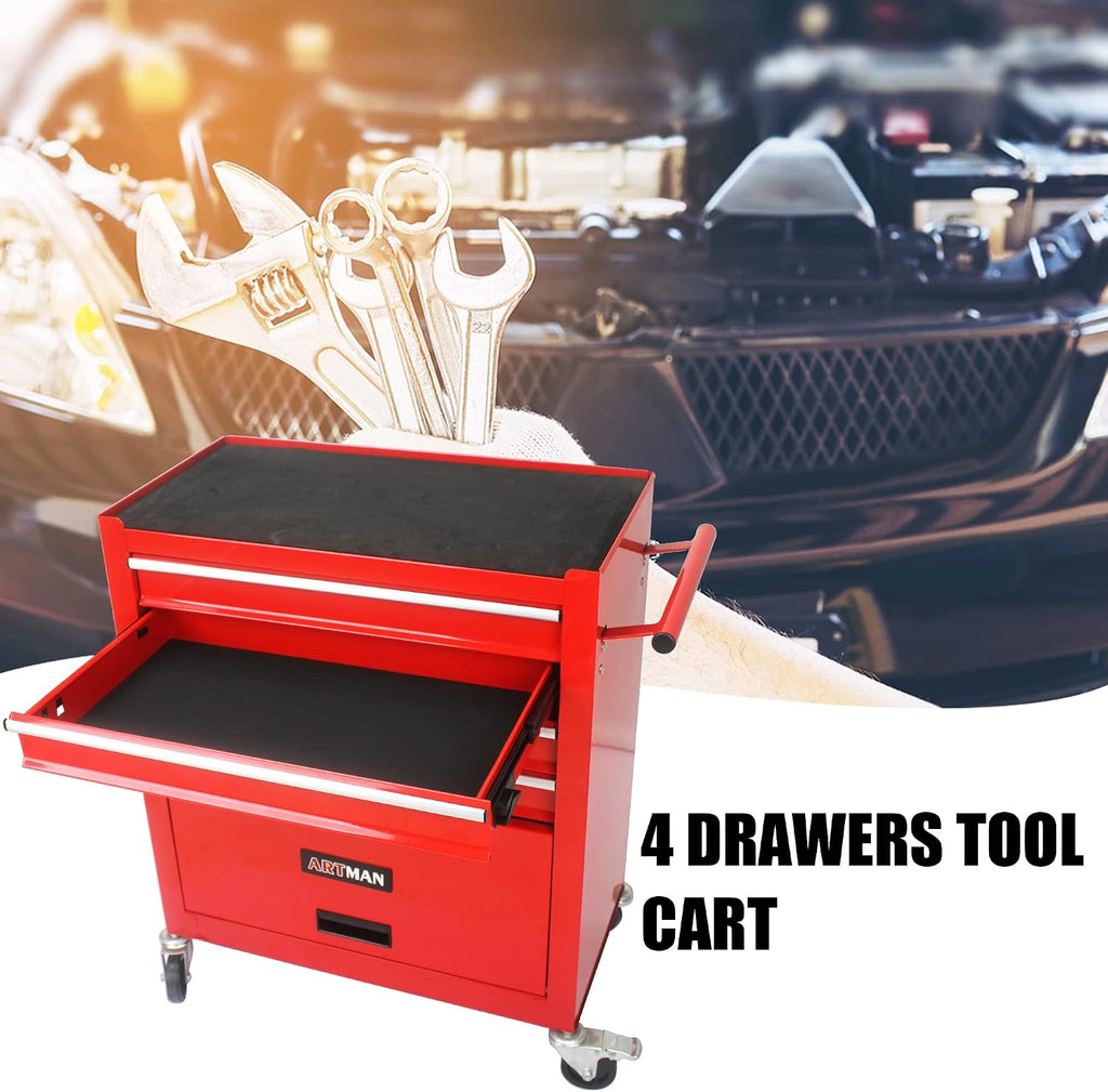 4-Drawer Tool Cart on Wheels, Drawers Rolling Tool Chest with 1 Cabinet, Mobile Trolley Organizer Tools Box with Locking Wheels & Ball Bearing Drawers for Garage,Warehouse,Repair Shop (Red)