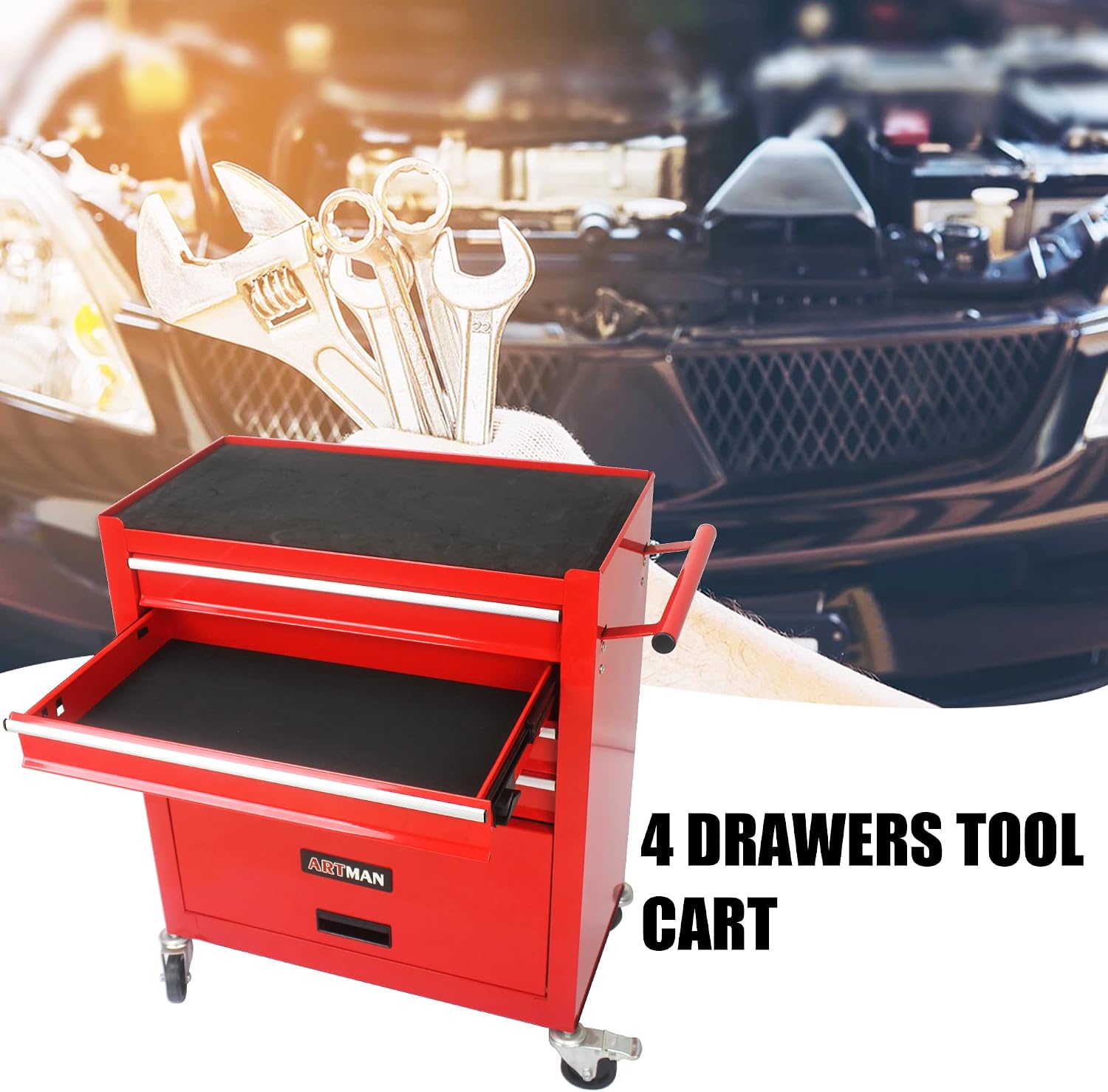 4-Drawer Tool Cart on Wheels, Drawers Rolling Tool Chest with 1 Cabinet, Mobile Trolley Organizer Tools Box with Locking Wheels & Ball Bearing Drawers for Garage,Warehouse,Repair Shop (Red)