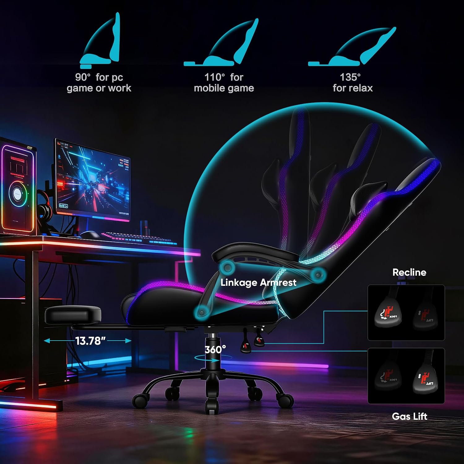 Czlolo Gaming Chair, 2026 Upgraded RGB LED Lights Computer Chair with Footrest, Lumbar Support Massager Gamer Chair, High Back, 90-135° Reclining, Linkage Armrests, Black