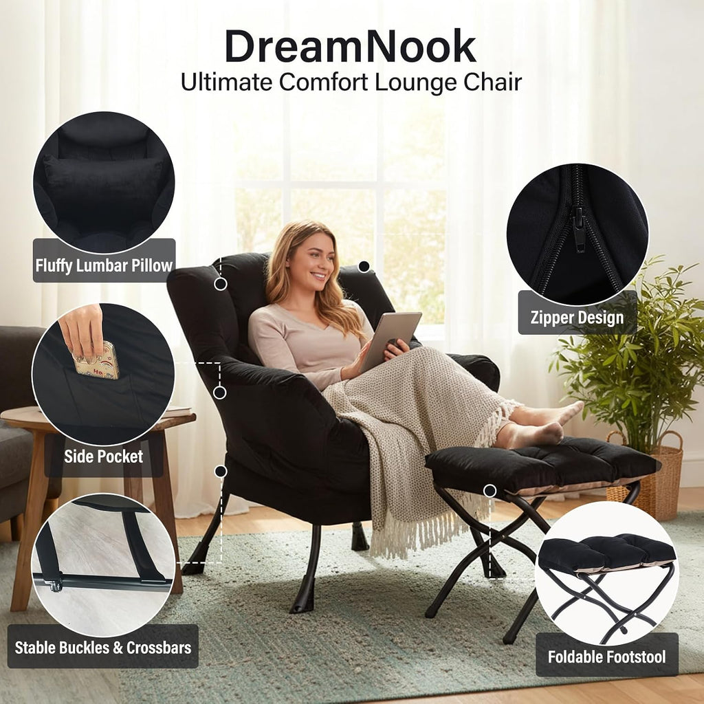 Lazy Chair with Ottoman, Modern Accent Chair with Lumbar Pillow, Velvet Black Sofa, Armchairs with Folding Footrest, Oversized Supportive Chairs for Bedroom, Reading