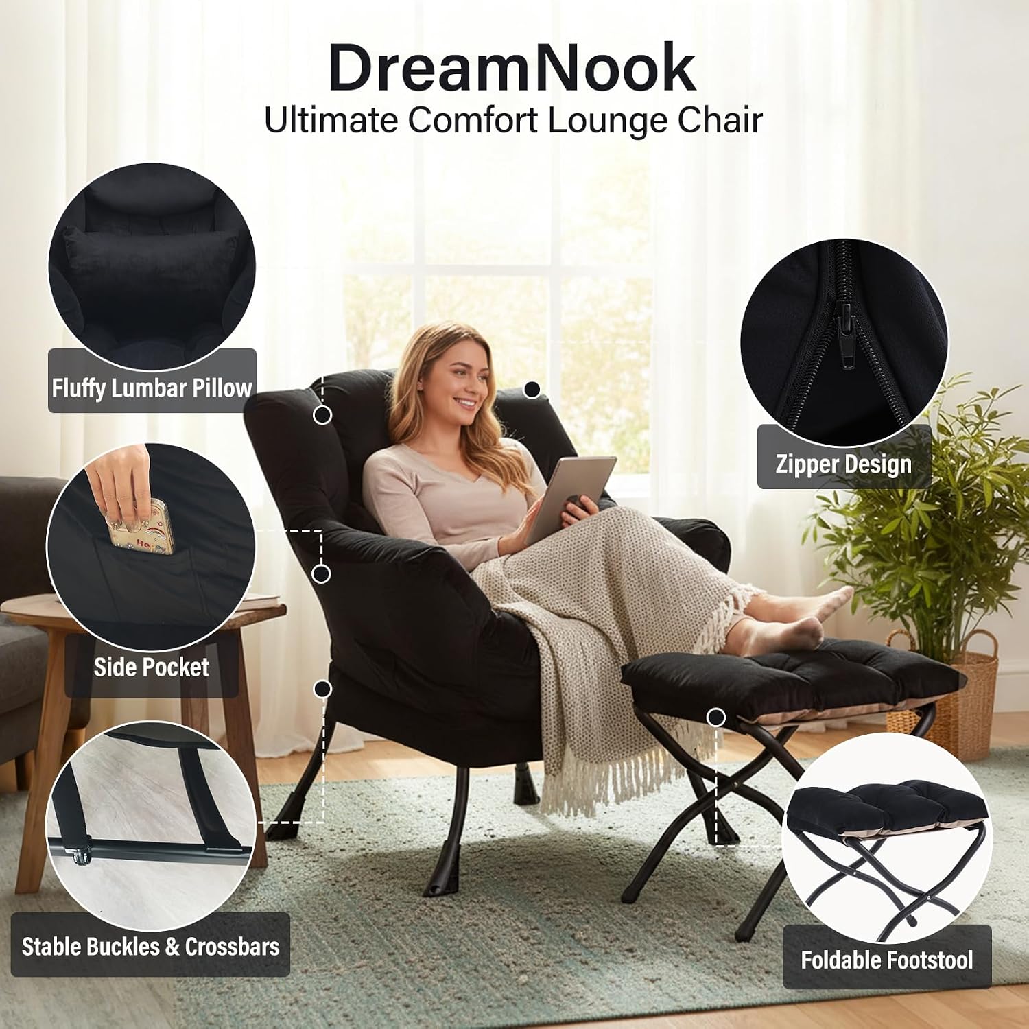 Lazy Chair with Ottoman, Modern Accent Chair with Lumbar Pillow, Velvet Black Sofa, Armchairs with Folding Footrest, Oversized Supportive Chairs for Bedroom, Reading