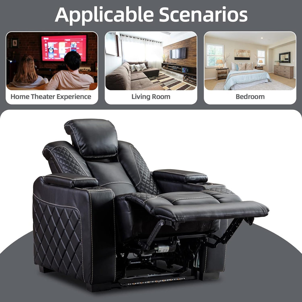 CANMOV Home Theater Seating Set of 2, Faux Leather Electric Power Recliner Chair with Ambient Lighting, Power Headrest, Lumbar Support, Cup Holders, Hidden Arm Storage, USB Ports, Black