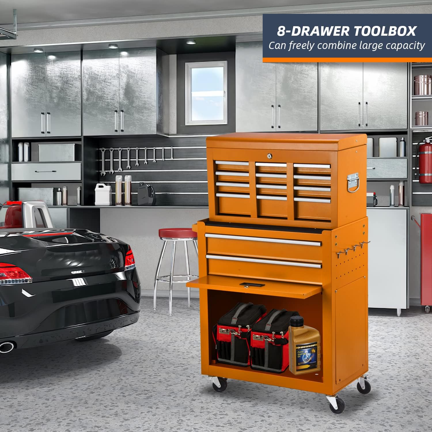 8-Drawer High Capacity Tool Chest, Rolling Tool Box with Lock, Tool Box on 4 Wheels with Sliding Drawers, Tool Storage Cabinet Removable Portable Box for Garage Warehouse New(Orange)