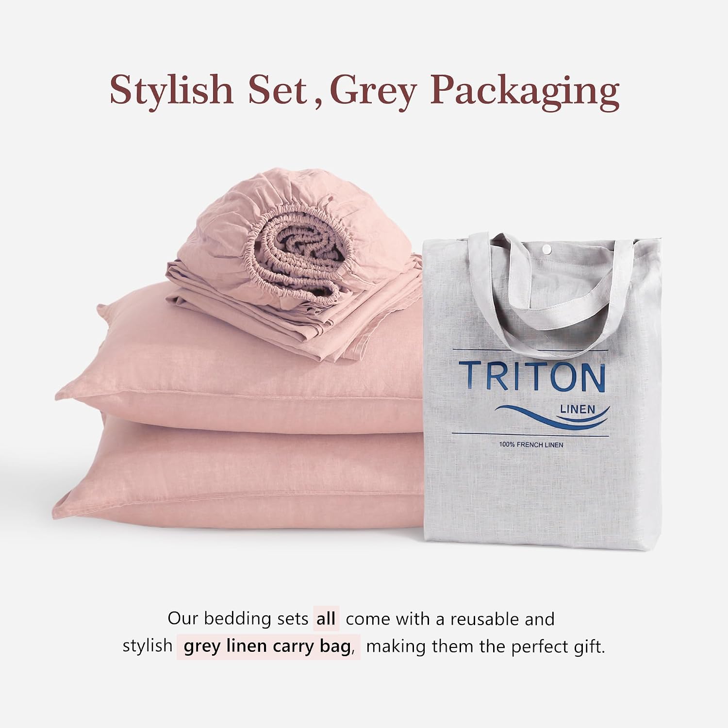 100% French Linen Sheets Set Queen Size-4Pcs Natural Washed Flax Bed Sheets Soft Breathable and Durable- 1 Flat Sheet 1 Fitted Sheet 2 Pillowcases (Pink, Queen)