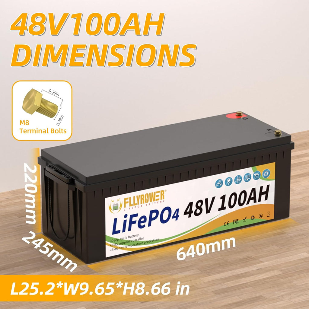 FLLYROWER 48V Lithium Battery 100AH With 150A Smart BMS and 16500 Deep Cycles 48V 100AH Lifepo4 Battery Grade A Cells for Marine Trolling Motor RV camping Solar Golf Cart Off-Grid