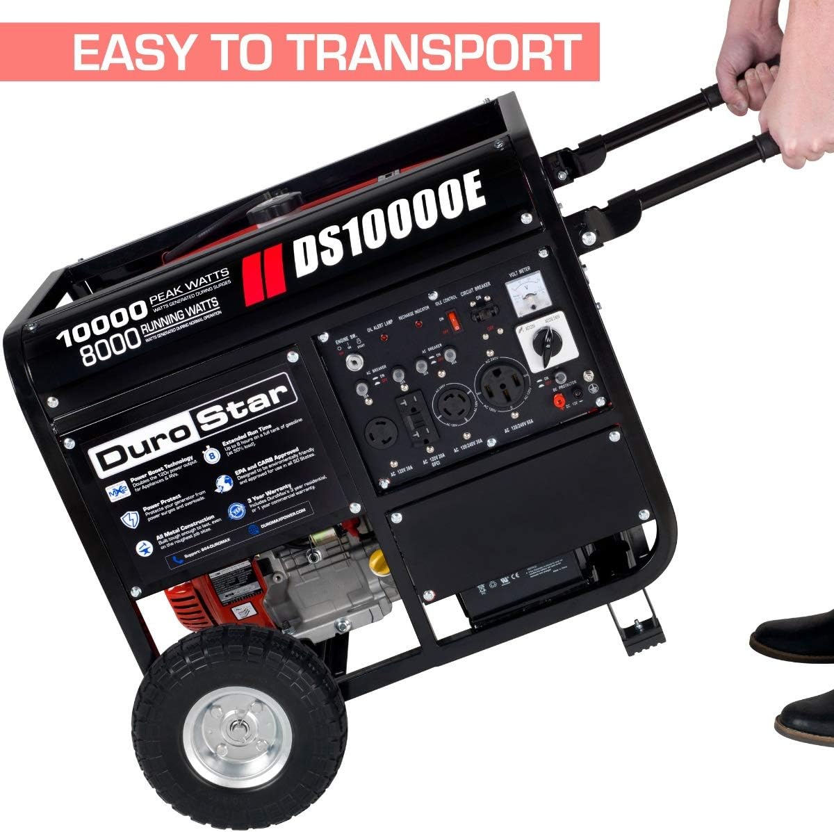 DuroStar DS10000E Gas Powered Portable Generator-10000 Watt Electric Start-Home Back Up & RV Ready, 50 State Approved, Red/Black