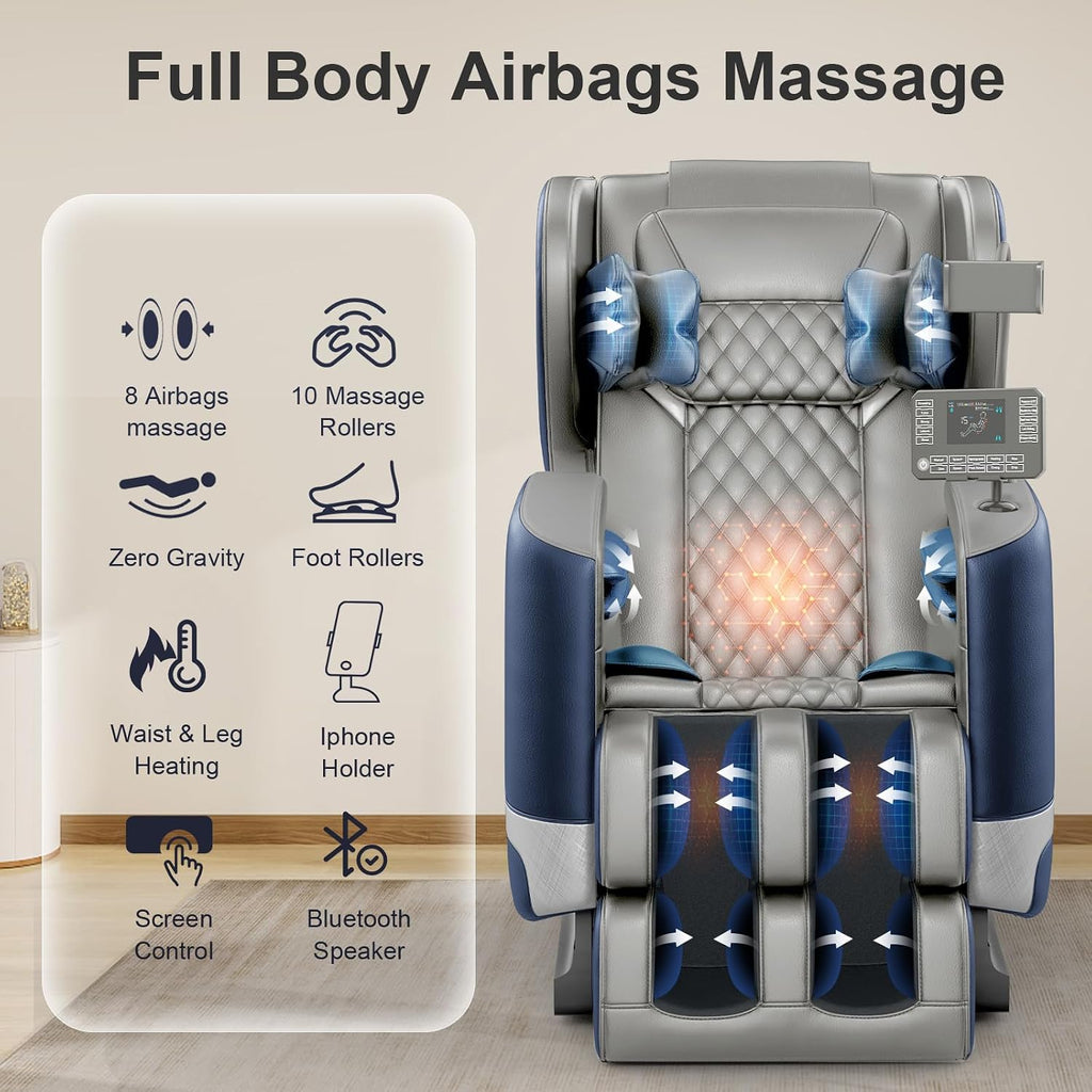 FURNIMAT 2026 Massage Chair Full Body, Zero Gravity Massage Chair with 10 Fix Rollers, Airbags, Heating, Foot Massage, Auto Modes, Bluetooth Speaker, Smart Screen Controller(Leather Blue)
