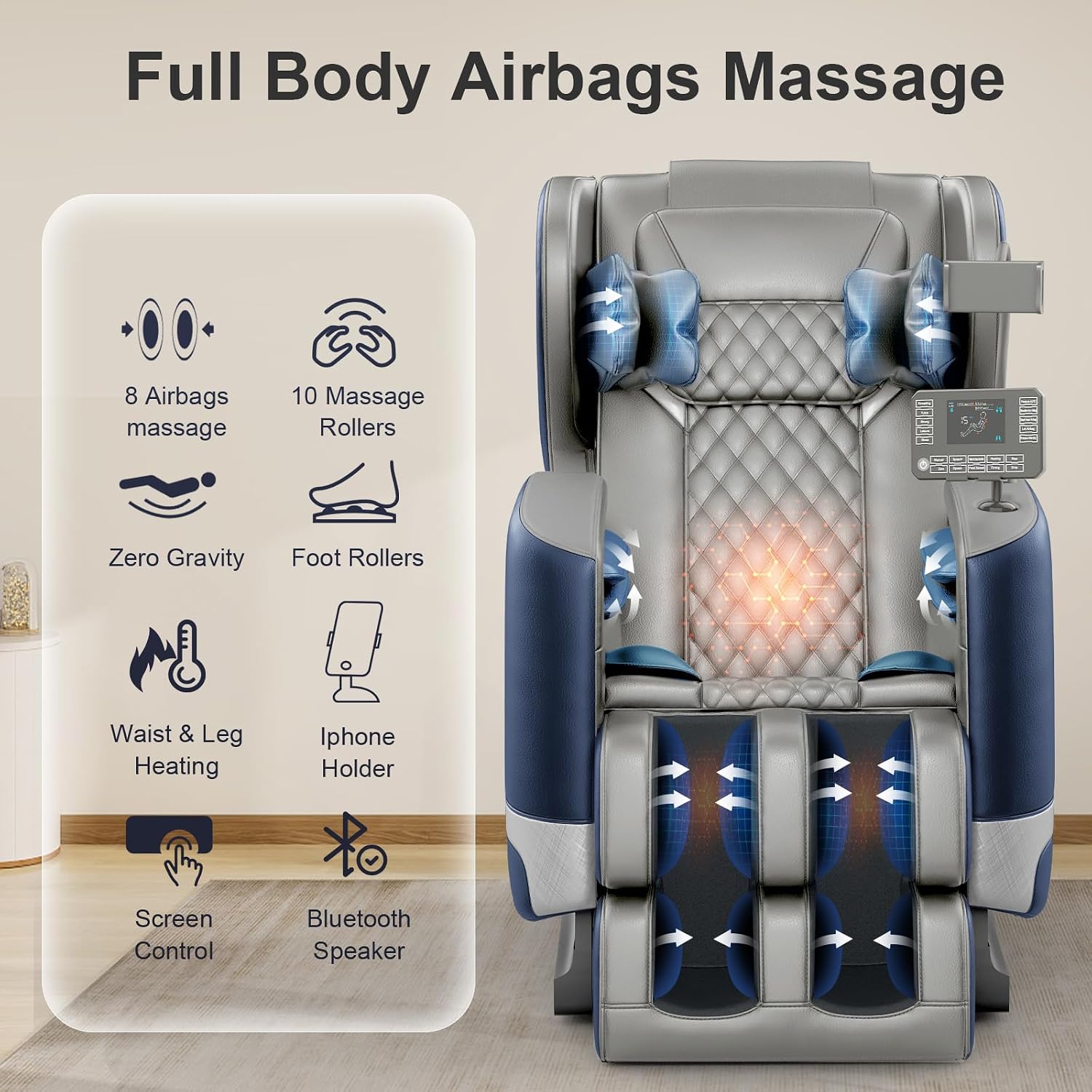 FURNIMAT 2026 Massage Chair Full Body, Zero Gravity Massage Chair with 10 Fix Rollers, Airbags, Heating, Foot Massage, Auto Modes, Bluetooth Speaker, Smart Screen Controller(Leather Blue)