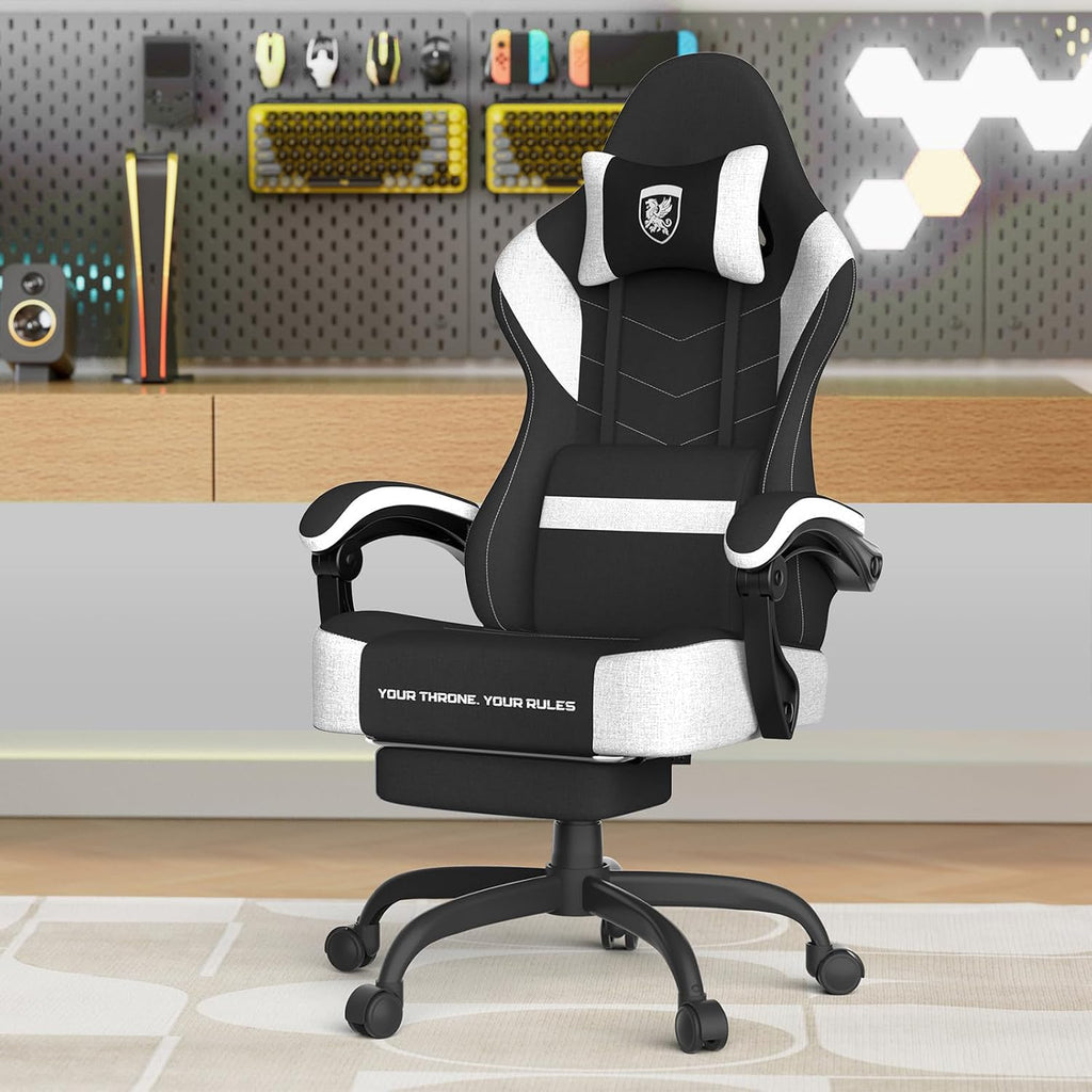 Soontrans Linen Fabric Ergonomic Black Gaming Chair with Massage Lumbar Pillow, Computer Chair with Wide Seat 20',Gamer Chair with Adjustable Headrest, Comfortable Office Chair for Home & Gaming